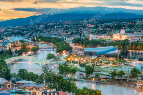 Preview: Scenic Top View Of Tbilisi Georgia, Famous Landmarks In Evening