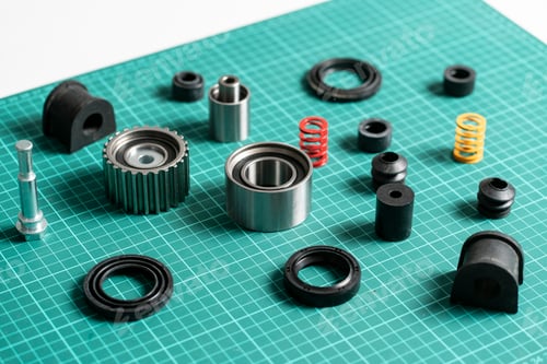 Preview: a new car spare parts flat lay, pieces for automobile engine repair, flat lay