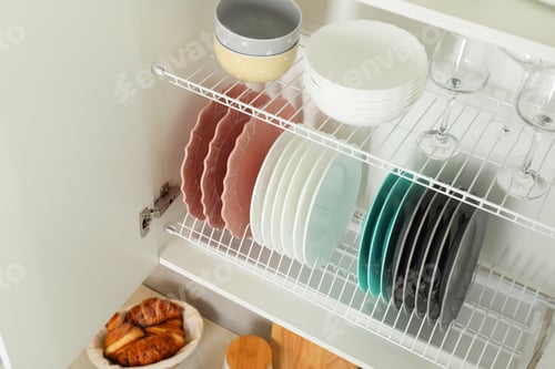 Preview: Clean plates, bowls and glasses on shelves in cabinet indoors
