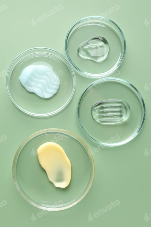 Preview: Different cosmetic products in Petri dishes on green background, flat lay