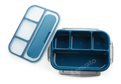 Preview: Plastic lunch box and lid isolated on white, top view