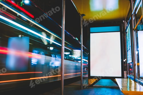 Preview: Modern bus stop with advertising banners with blank screen