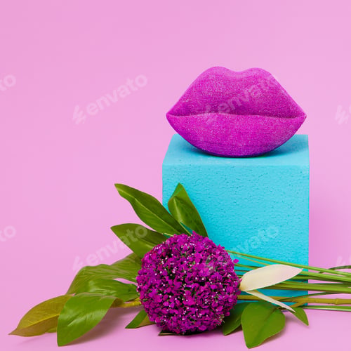 Preview: Stylish composition lips and flowers. Beauty concept