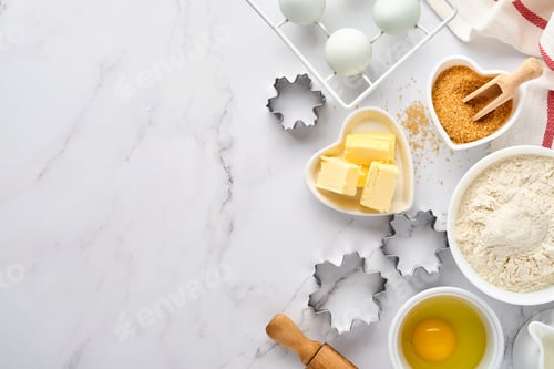 Preview: Baking background with flour, eggs, kitchen tools, utensils and cookie molds on white marble table.