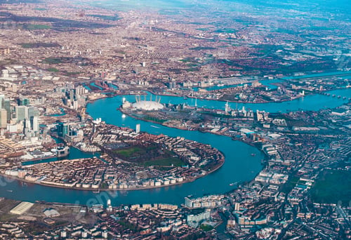 Preview: Aerial view of Dockland, O2 Arena, River Thames and East London, UK