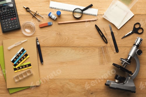 Preview: Desktop with various stationery for school education, top view