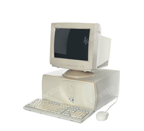 Preview: Old computer monitor, keyboard, system unit and mouse on white background