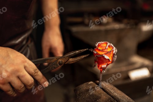 Preview: Beautiful rose. Blacksmith manually forging molten metal on anvil in smithy with spark fireworks