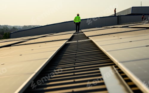 Preview: Engineer working at solar cell farm power plant with sunset in evening