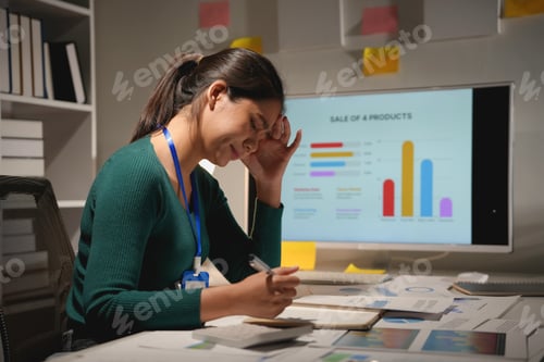 Preview: Stressed asian businesswoman having headache while working on laptop computer overtime