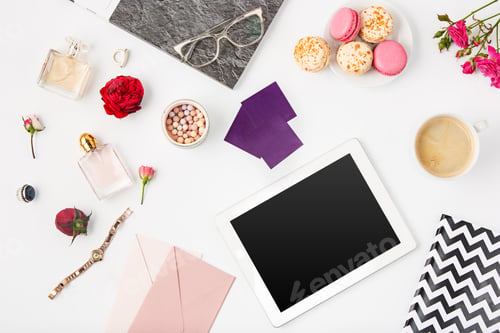 Preview: Top View Of White Female Office Table With Laptop, Notebook, Pen On White