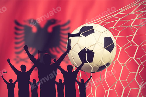 Preview: Silhouettes Of Soccer Fans With Flag Of Albania .Cheer Concept Vintage Color