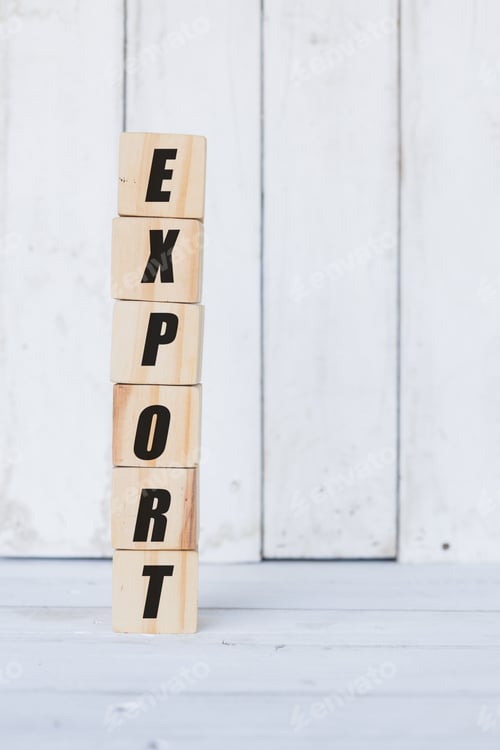 Preview: wooden cube, with the word export, with white wooden background