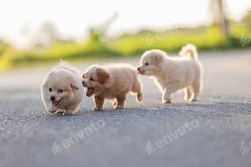 Preview: Three adorable fluffy puppies play together on a quiet road under warm sunlight.