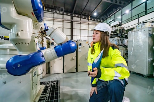Preview: Worker Interacts With Industrial Robots in Modern Manufacturing Facility