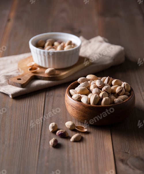 Preview: Pistachio nuts in a brown and white bowls on a wooden background. Macro and close up view
