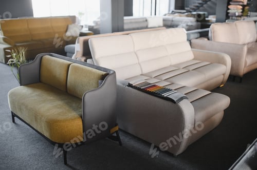 Preview: Sofa showroom displaying modern furniture with upholstery swatches