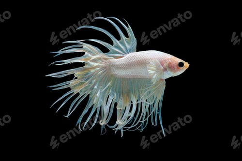 Preview: White betta splendens (Crown Tail) fish, Siamese fighting fish with light yellow color