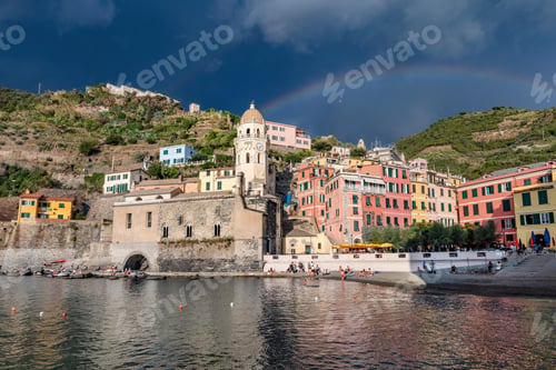 Preview: Rainbow over Cinque Terre with Vernazza village, Italy