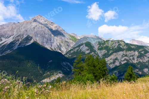 Preview: View of top mountains and blue sky with spring grass in foreground. Amazing valley landscape