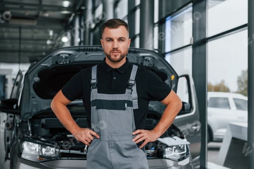 Visualização: De pé contra o carro. Homem de uniforme está trabalhando no salão de automóveis durante o dia