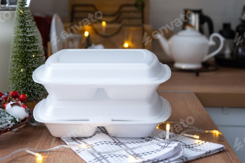 Preview: Food delivery service containers on table white scandi festive kitchen in christmas