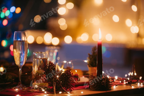 Preview: No people shot of decorated holiday table showcasing cozy atmosphere of Christmas and New Year Eve