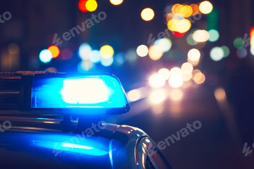 Preview: Danger on the road. Blue flasher on the police car at night.