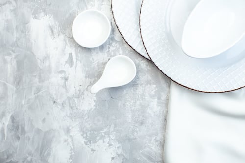Preview: top view white plates on white background horizontal cuisine meal kitchen glass food colour