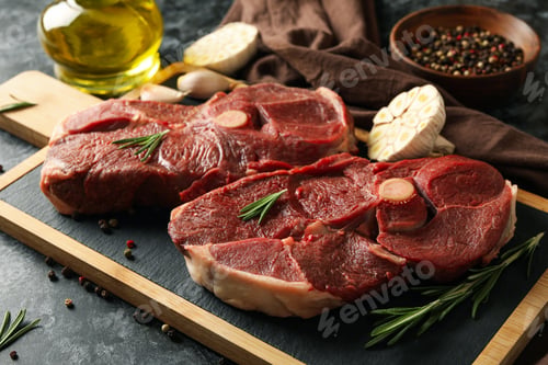 Preview: Board with raw steak meat, herbs and spices on black smokey background