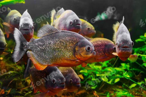 Preview: Piranha, Pygocentrus Nattereri Swimming In Aquarium Pool With Green Seaweed.