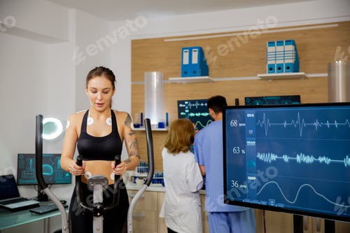 Preview: Female athlete who makes a physical effort on the stepper and has electrodes and heartbeats attached