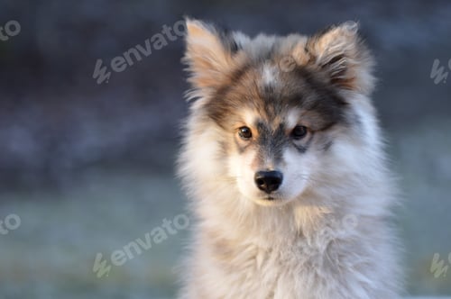 Preview: Portrait of a young Finnish Lapphund puppy dog during morning light
