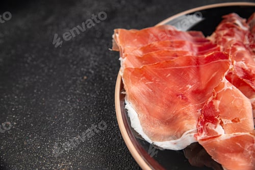 Preview: Jamon meat fresh iberico or serrano snack aperitif tasty food dish delicious gourmet food background