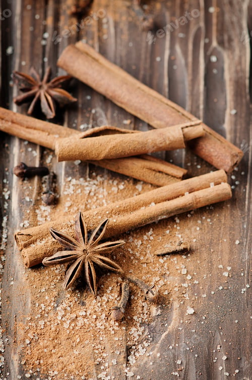 Preview: Spices cinnamon and anise on the wooden table