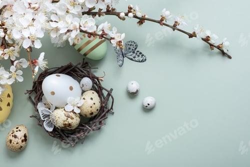 Preview: Easter eegs in the nest with flowers and butterfly on pastel green background