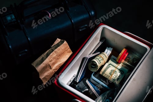 Preview: Cooler with Money, Drugs and Weapon in Dark