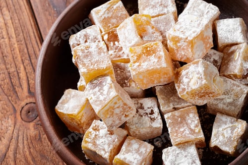 Preview: Turkish delight on a wooden table.