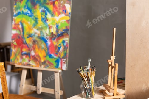 Preview: Paint brush and oil painting. Art still life and paintbrush painting in artist creative studio
