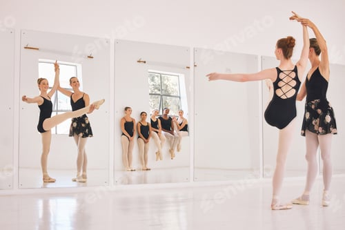 Preview: Young woman dance instructor teaching a ballet class to a group of a children in her studio. Baller