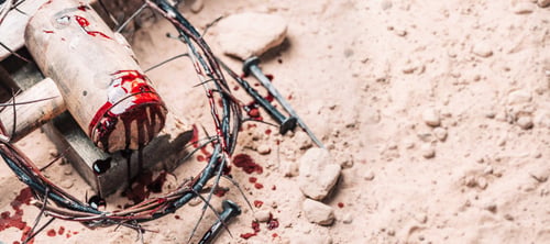 Preview: Old wooden cross, hammer, bloody nails and crown of thorns on ground. Banner. Copy space. Good