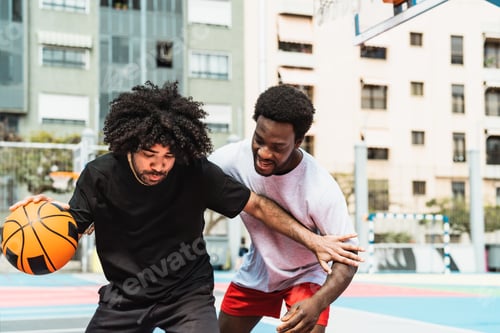 Preview: Afro friends playing basketball outdoor - Urban sport lifestyle concept