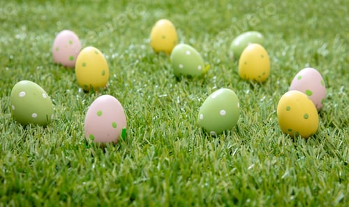 Preview: Happy Easter. Pastel colored eggs on green grass, close up view