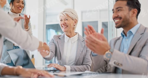 Preview: Handshake, partnership and business people clapping hands in celebration, congratulations or motiva