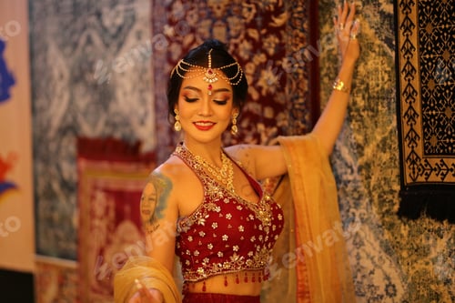 Preview: harming young woman wearing traditional saree, indoor