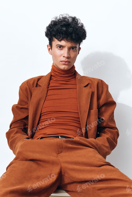 Preview: Man lifestyle clothes beige modern trendy fashion student light one curly portrait