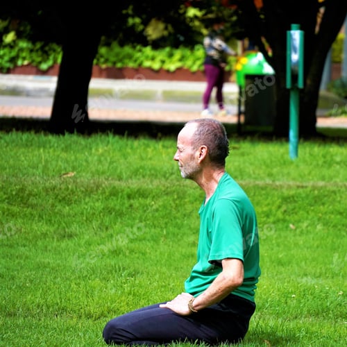 Preview: Man Kneeling on Green Lawn in Park Outdoors