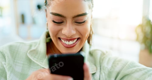 Preview: Woman with smartphone, social media and communication, funny meme online, chat and technology with