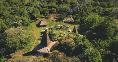Preview: Traditional houses of Indonesia village at tropical green landscape aerial view. Unique buildings