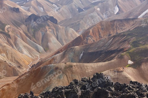 Preview: Volcanic landscape with rhyolite formations. Fjallabak. Vertical. Iceland